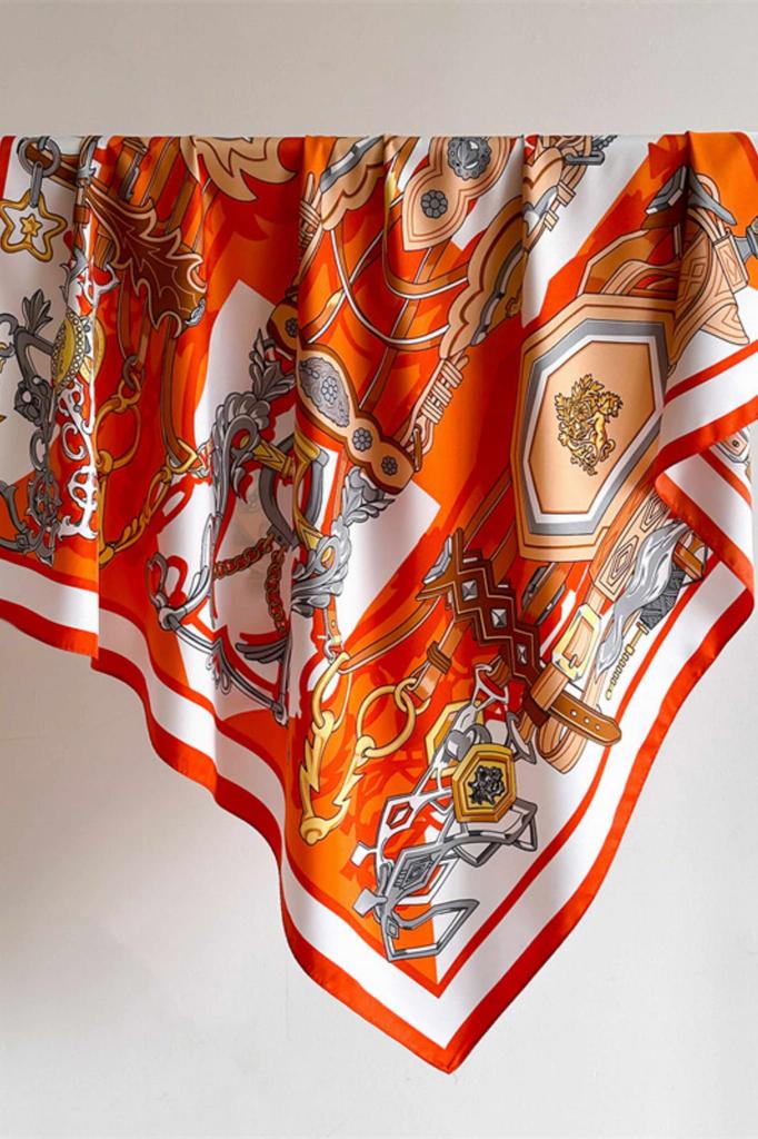 Scarf 90x90 Orange and White with Chain Motif - Energetic Elegance in Glamour Style