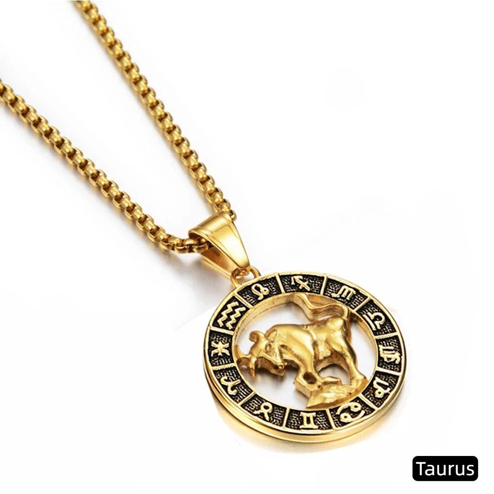

Stainless Steel Gold Plated Taurus Zodiac Necklace, Men Virgo Leo Libra Constellation Pendant, 12 Star Signs Gift for Women 50cm