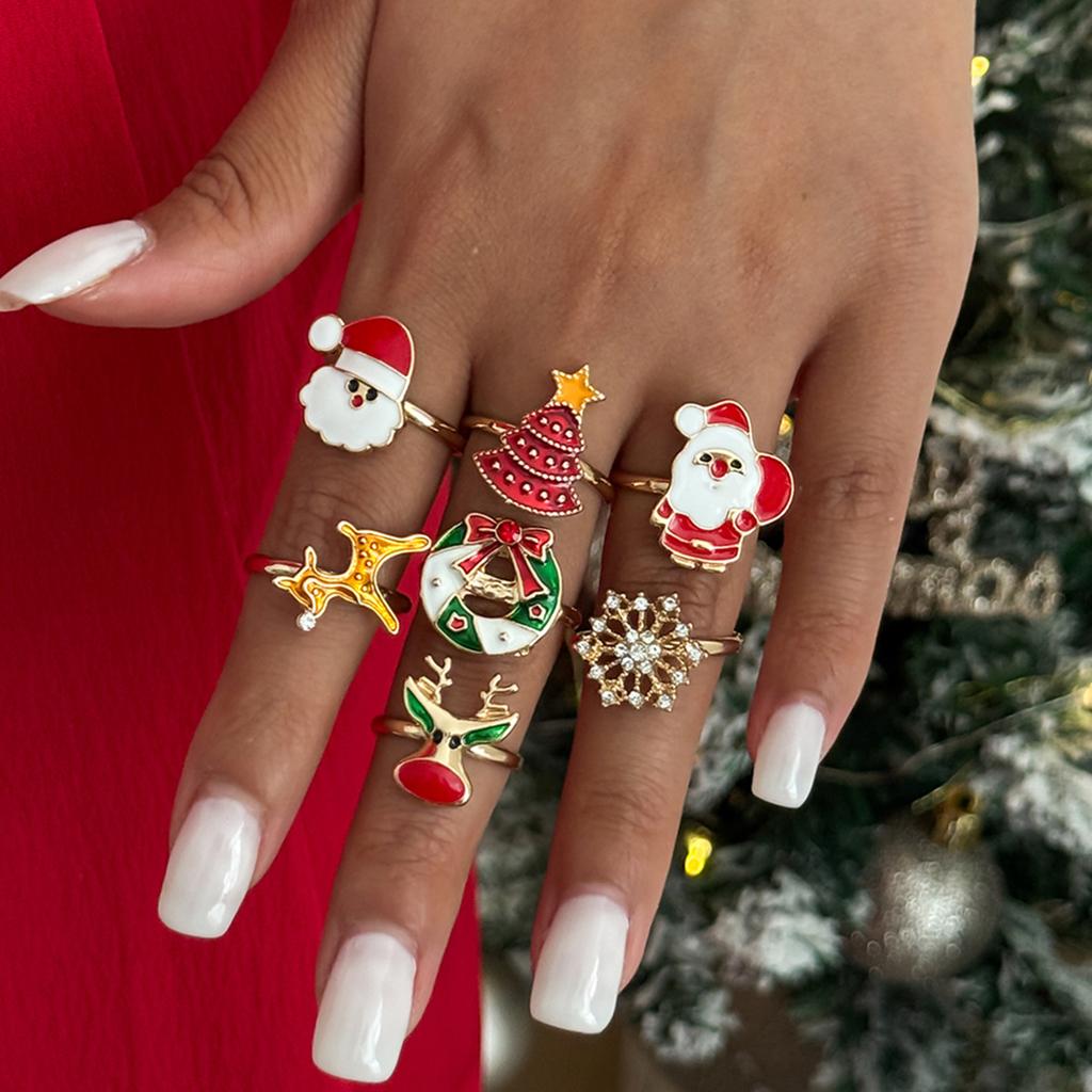 Cartoon Drip Santa Elk Ring, Creative Christmas Tree With Diamond Snowflake Opening Ring