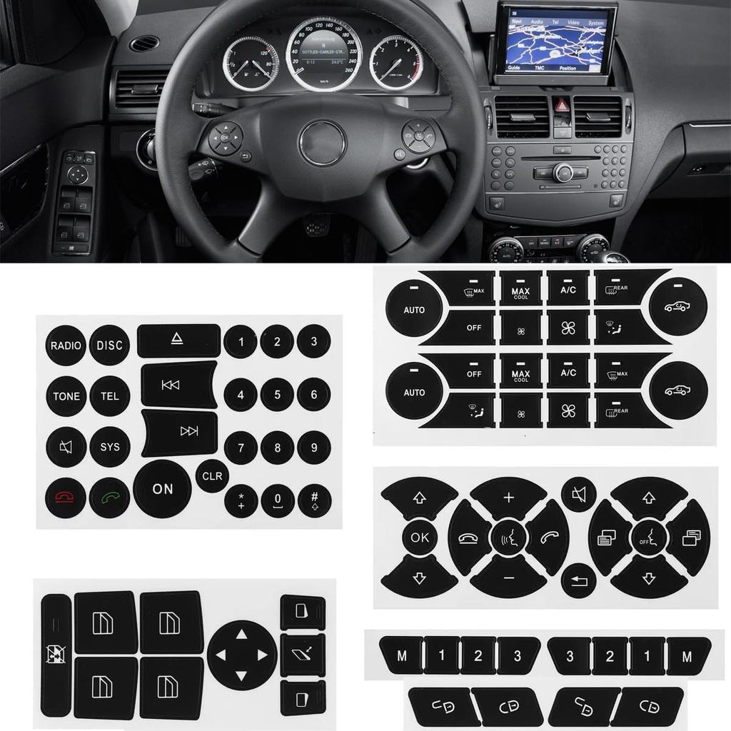 Car Button Stickers Interior Decals Compatible with 2008-2014 Mercedes Benz W204 C250 C350 E-Class Steering Wheel AC Window Radio Number Door & Air