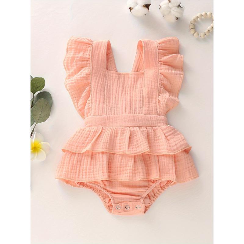 European & American Baby Ruffle Sleeveless Romper, Solid Color, Backless Design (2025 Edition)
