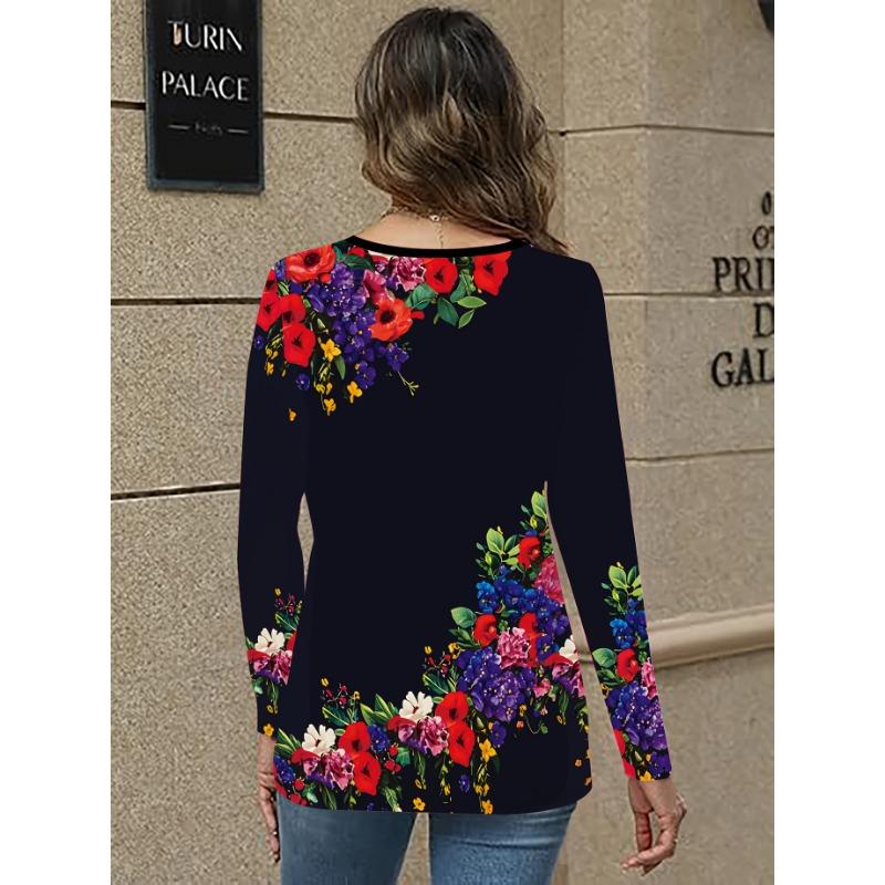 Women's 2025 Basic V-Neck Long Sleeve,Elegant Flower Printed Polyester Relaxed Fit Tee Shirt,Spring Autumn Casual Comfort Tops
