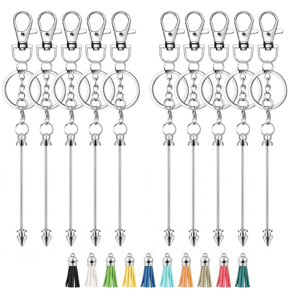 Pack of 10 Colorful Beaded Keychain Blanks Multicolored Beaded Keychain Rod Blanks for Designing Keychain Charm