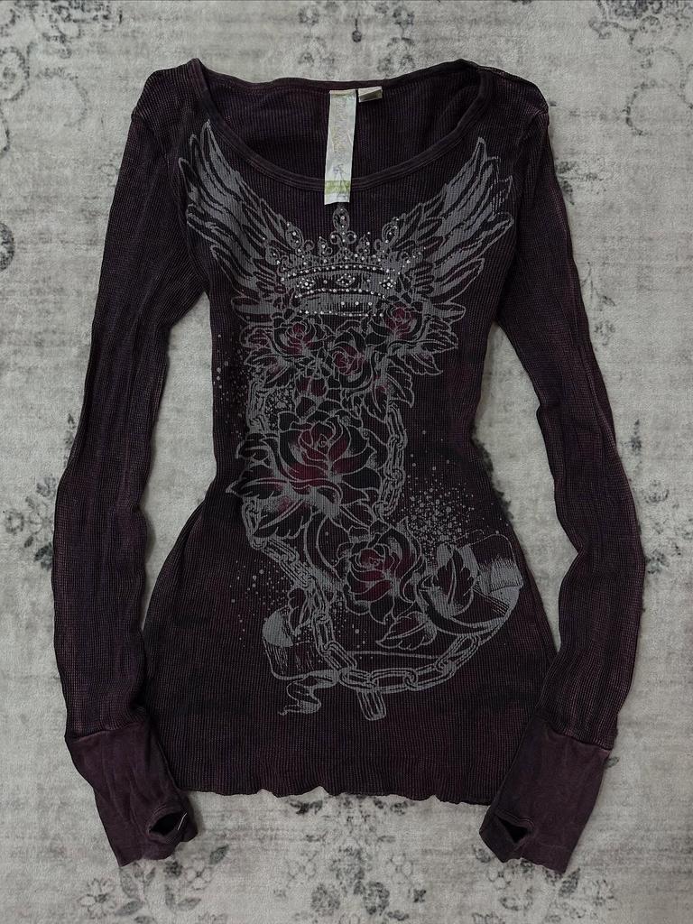 T-shirt Stampata a Maniche Lunghe Street Style Retrò Autunnale da Donna