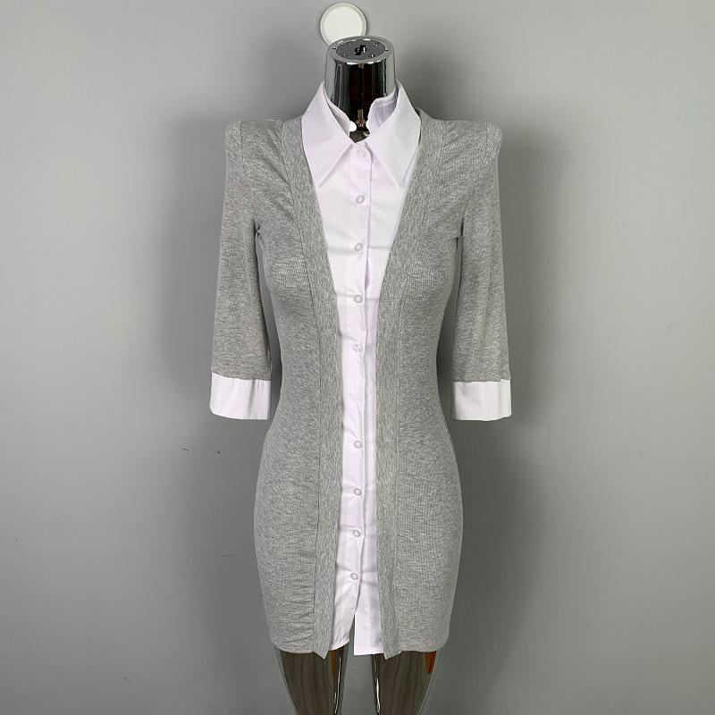 

Korean Slimming Body-Hugging Color Block Dress with Padded Shoulders for Women серый