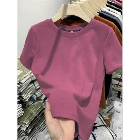 American Summer T-shirt Women's Shoulder Short Sleeves Summer Thin Round Neck Short Cotton Slim Fit Sweet and Spicy Tight Top