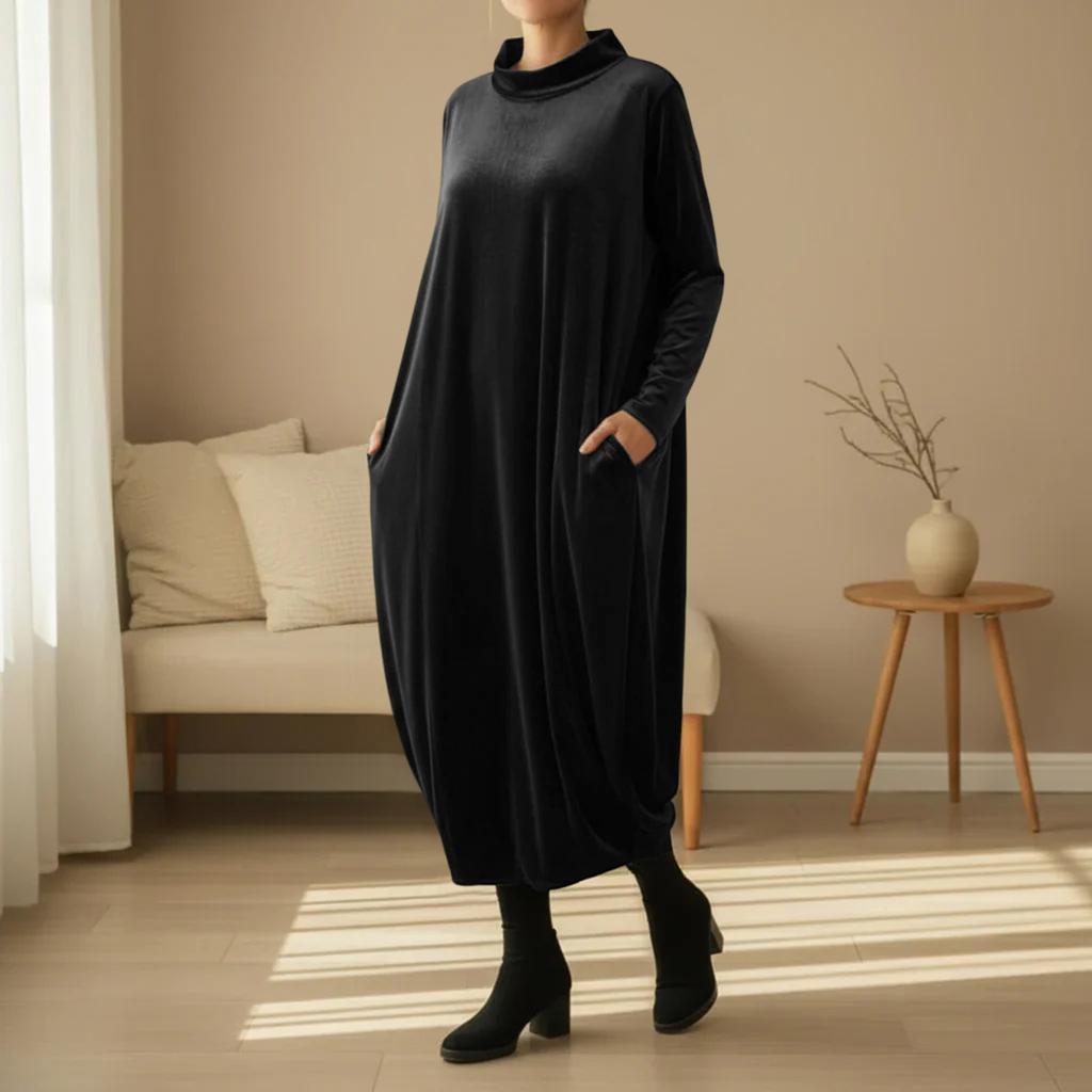 Modisches Damenkleid in Farbe, Rundhalsausschnitt, Langarm, Mit Tasche, Lang, Aus Goldvelours, Locker