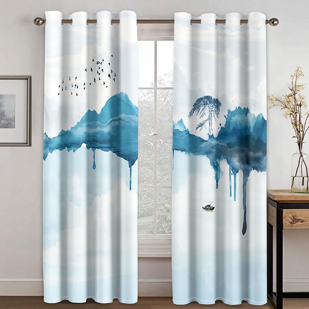 3D Ink Mountain View Curtains Art Style Bedroom Balcony Window Decorative Curtains 2 Panels