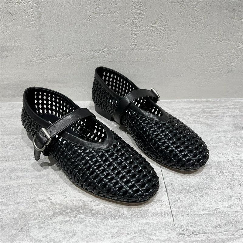 Sheepskin Version~ New European Genuine Leather Flat-bottomed One-word Buckle Woven Single Shoes British Low-heeled Shallow-mouth Mary Jane Shoes