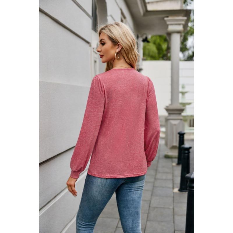 Podzimní a zimní dámská halenka s vícevrstvým výstřihem do V, jednobarevné topy s dlouhým rukávem