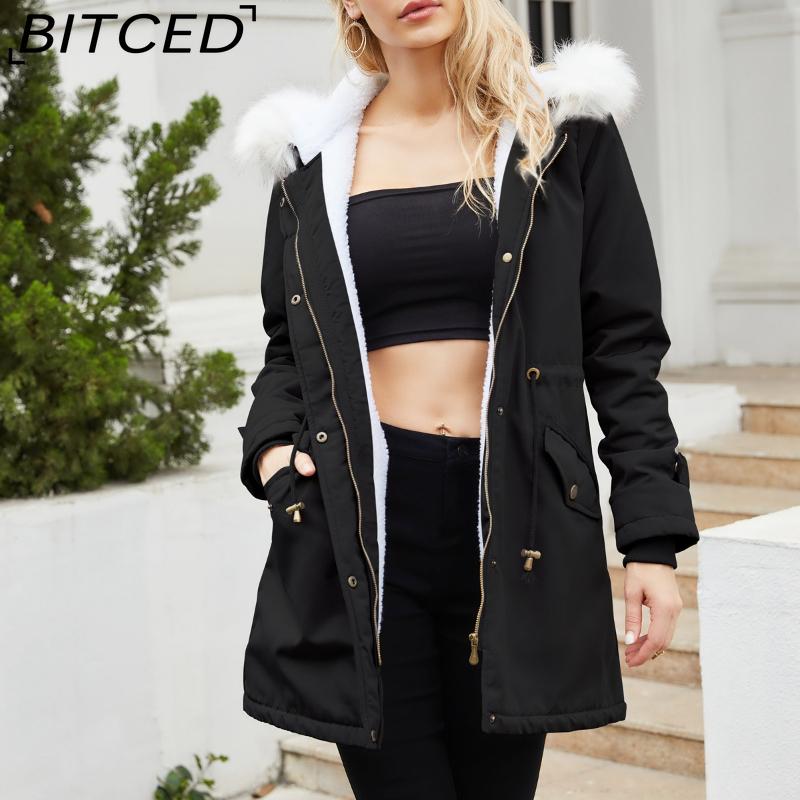 BITCED Autumn/Winter Detachable Fur Collar Women's Parka Long-Sleeved Hooded Cotton Coat Fleece Overcoat