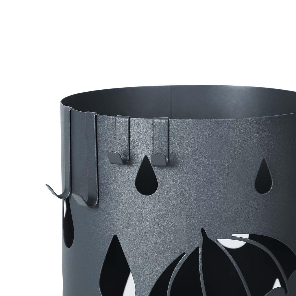 SONGMICS Metal Umbrella Stand, Umbrella Holder with Water Tray and Hooks, 19.5 X 49 Cm (Dia. X H), Round, Matte Anthracite Grey