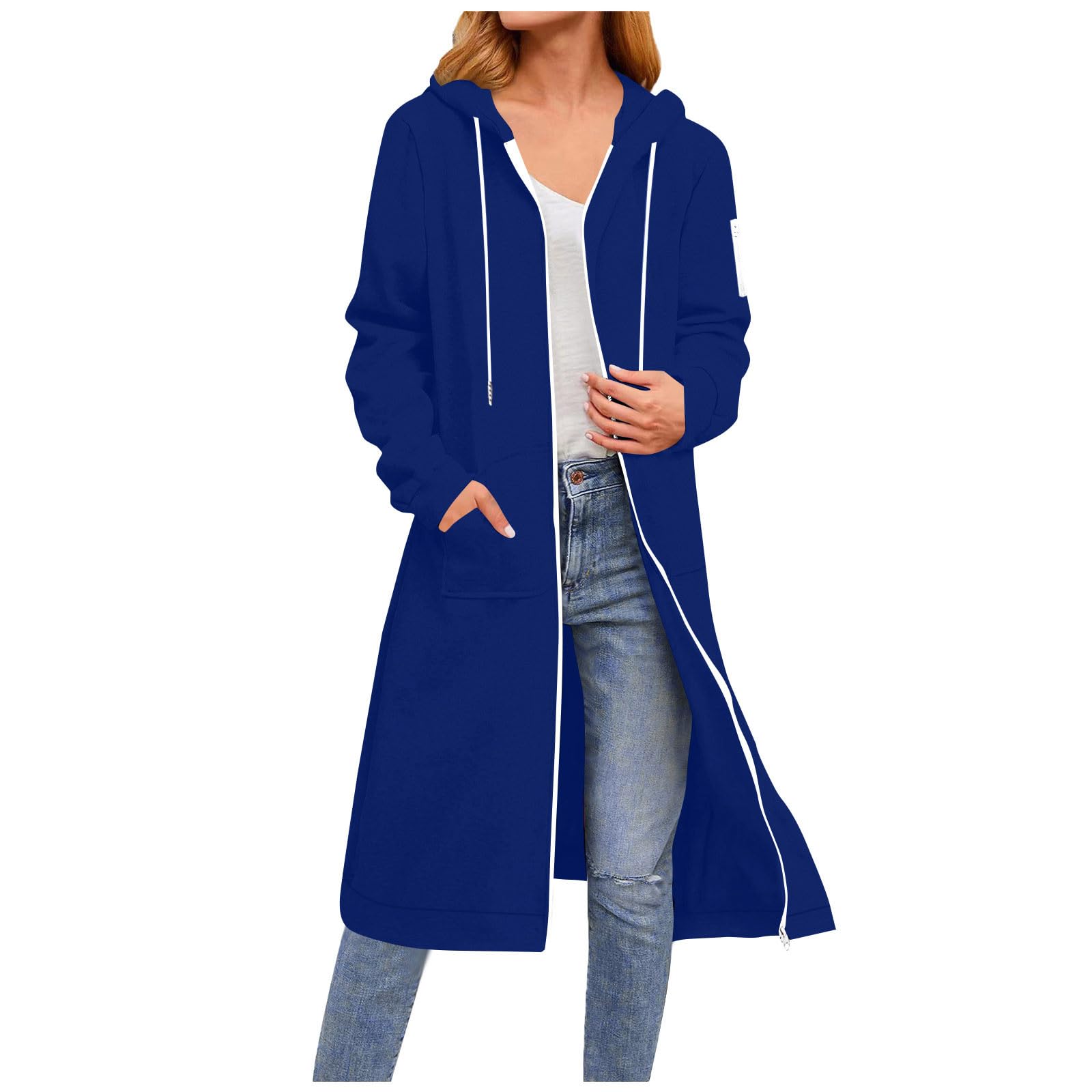 

Women s Fashion Solid Color Long Sleeve Hooded Pocket Zippered Long Sweatshirt Jacket L синій