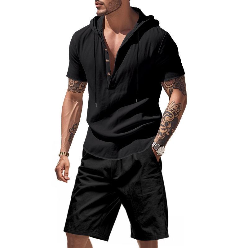 Men's Casual Linen Breathable Hooded Henley Shirt and Shorts Set