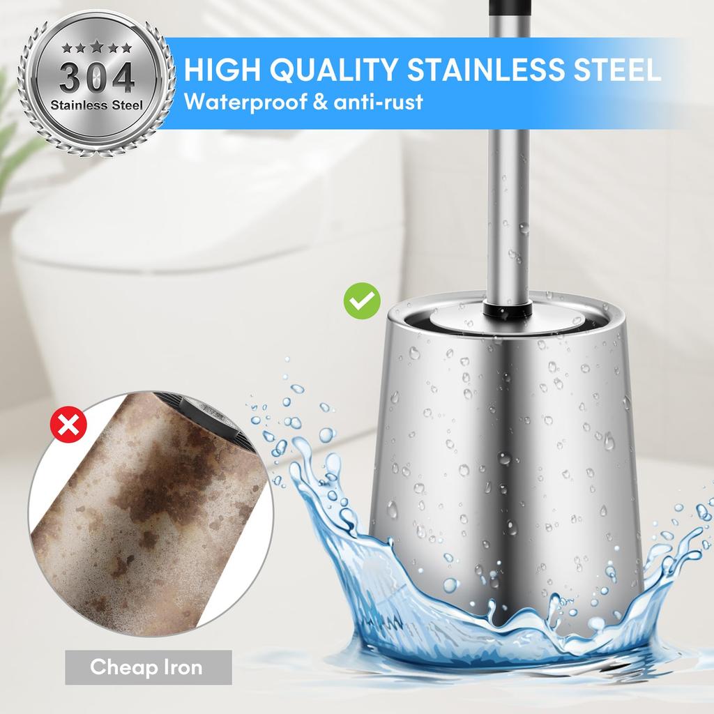 Siapapla SUS304 Stainless Steel Toilet Brush with Stylish Toilet Toilet Bowl Cleaning Brush and Holder Silver Case, Brush, Set, 360° Brush, (Nylon