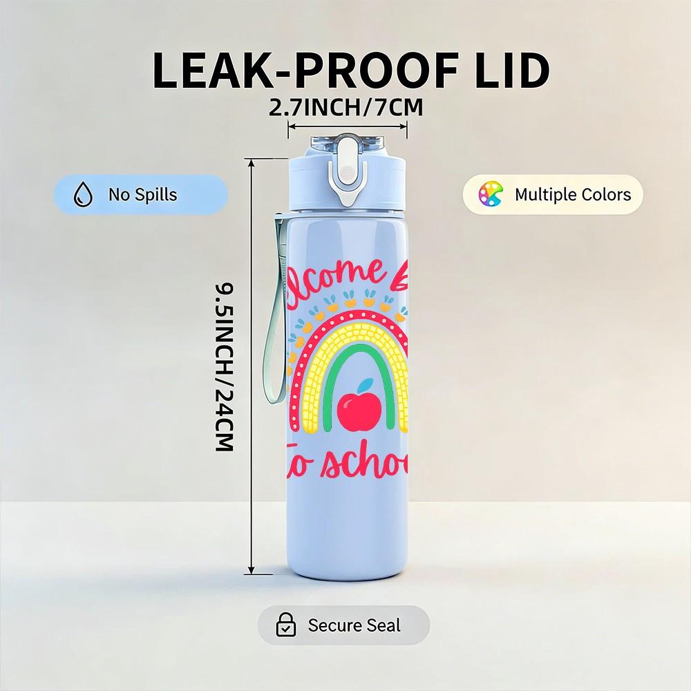 1PC Welcome Back To School Rainbow 750ml Color Plastic Sports Water Bottle Leakproof Flip Straw Lid Suitable for Sports Office Home Use