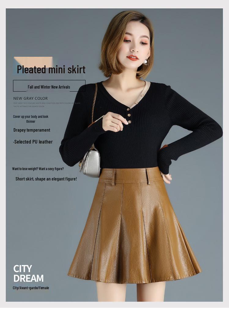 2022 High-Waisted A-line PU Faux Leather Pleated Skirt - Autumn/Winter Women's Stylish Short Umbrella Skirt
