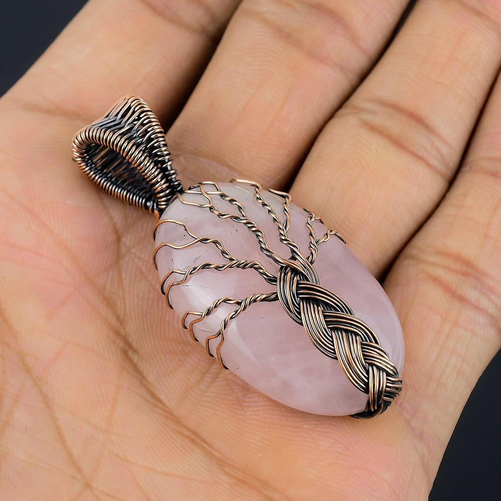 Rose Quartz Jewelry, 999 Copper Wire Wrapped Pendant Handmade Gemstone Jewelry, Gifts For Wife Brand New Pendant