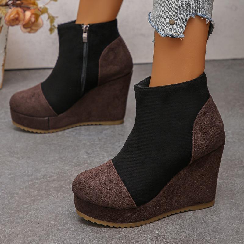 Plus‑Size Round Toe Thick Platform Wedge High Heel Women Ankle Boots