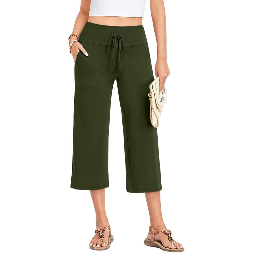 Women Summer Casual Drawstring Waist Wide Leg Cropped Pants with Pockets Lightweight Loose Fit Lounge Capri Trousers for Yoga and Everyday Wear