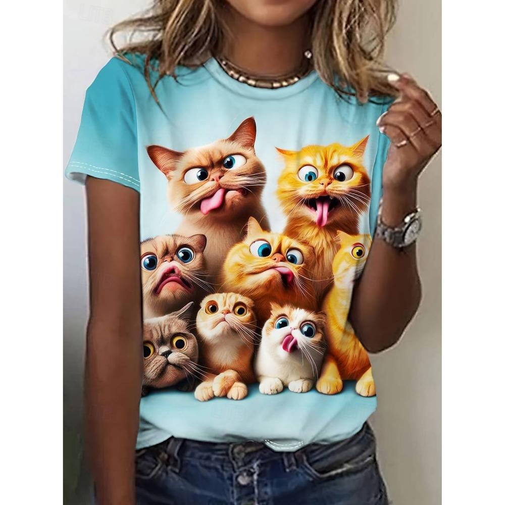 Summer Fashion Women's  Kawaii Animal Stylish Printed Casual Short Sleeve Crew Neck Tees Round Neck Regular