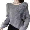 Women's 3D Floral Knit Sweater - Round Neck, Soft Long Sleeve Pullover for Autumn & Winter
