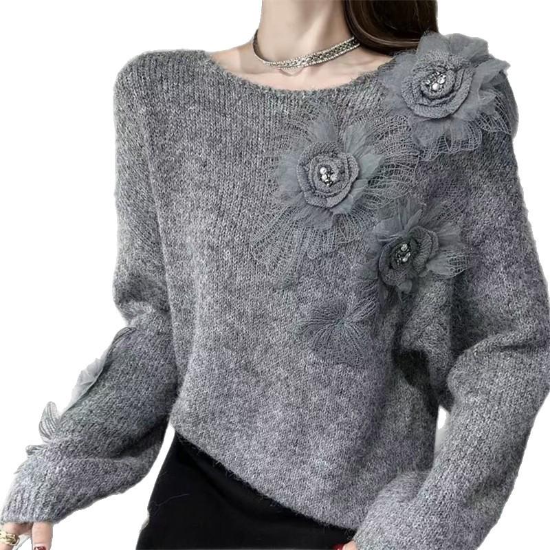 Women's 3D Floral Knit Sweater - Round Neck, Soft Long Sleeve Pullover for Autumn & Winter