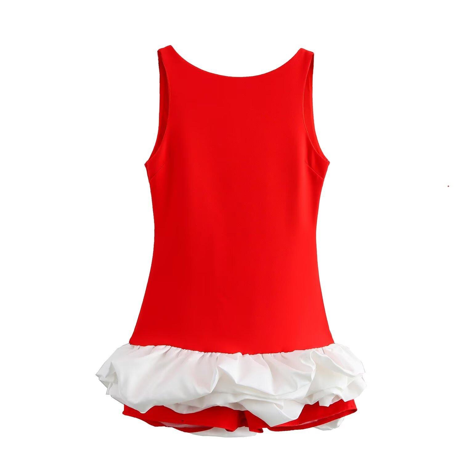 

Шикарное мини-платье Y2K без рукавов с открытой спиной для женщин, элегантное короткое платье с оборками и складками, праздничное женское вечернее платье для вечеринок L красный/белый