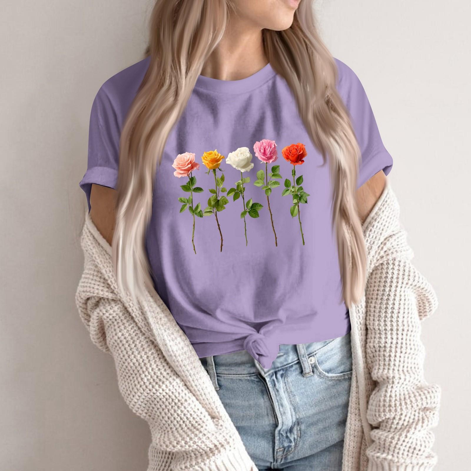 

Women s Fashion Casual Printed Round Neck Short Sleeved Pullover T-Shirt Top XXL фіолетовий