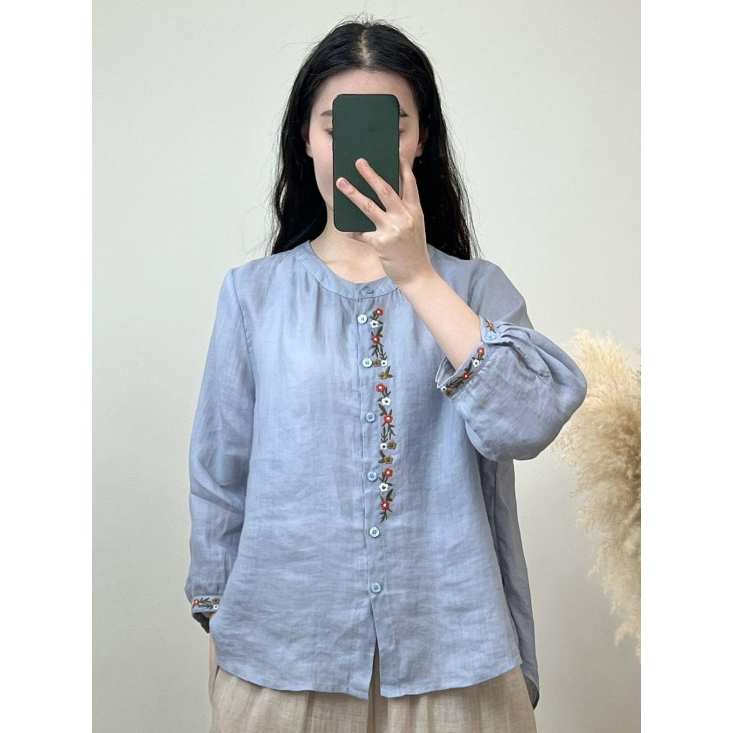 

Cotton and Linen Shirt Women s Round Neck Embroidery Casual All-match Loose and Thin Summer Breathable Long-sleeved Shirt Women XXL синій