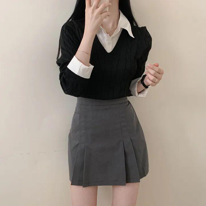 Svetr pletený patchworkovým stylem v korejském stylu s košilovým límcem - Dámský zeštíhlující podzimní pulovr