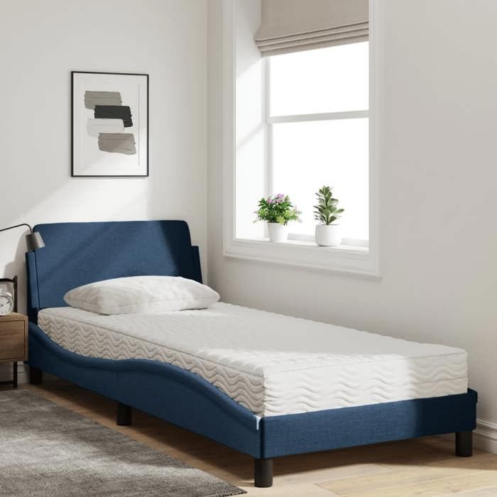 VidaXL Bed with Mattress Blue 90x200 Cm Fabric, Bedroom Furniture, Single Bed, Curved Bed Frame, Slatted Base, Bed In 3208330