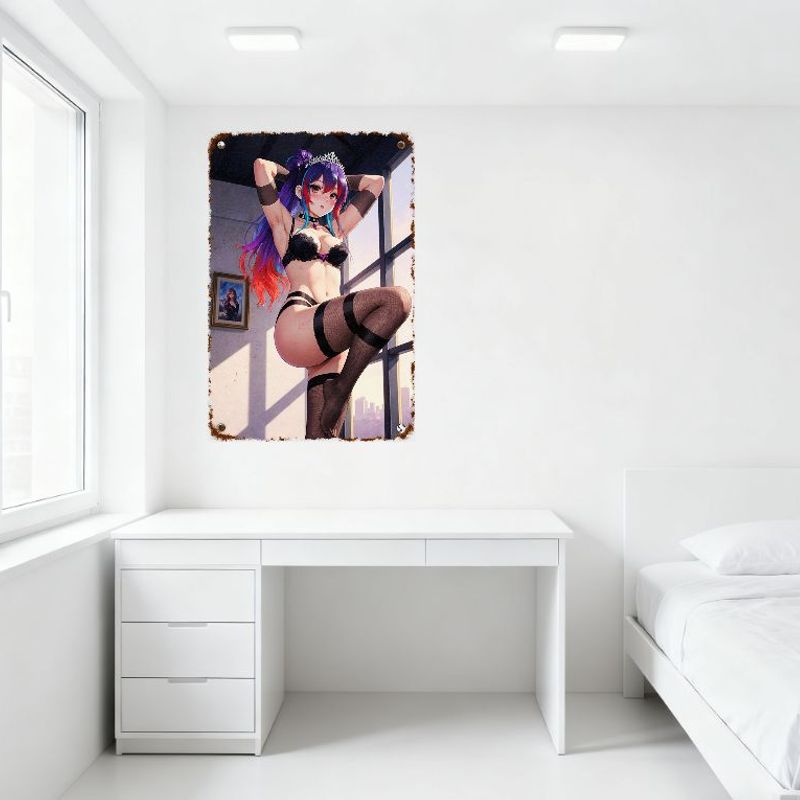 Anime Girl with Purple To Red Hair Blue Streak Black Lace Bra & Stockings Metal Tin Sign - Sunlit Room Cityscape Home Decor for