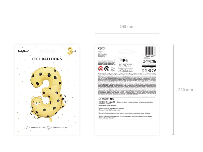 Partydeco Balon Foliowy Cyfra 3 Gepard 68X98 Cm Mix