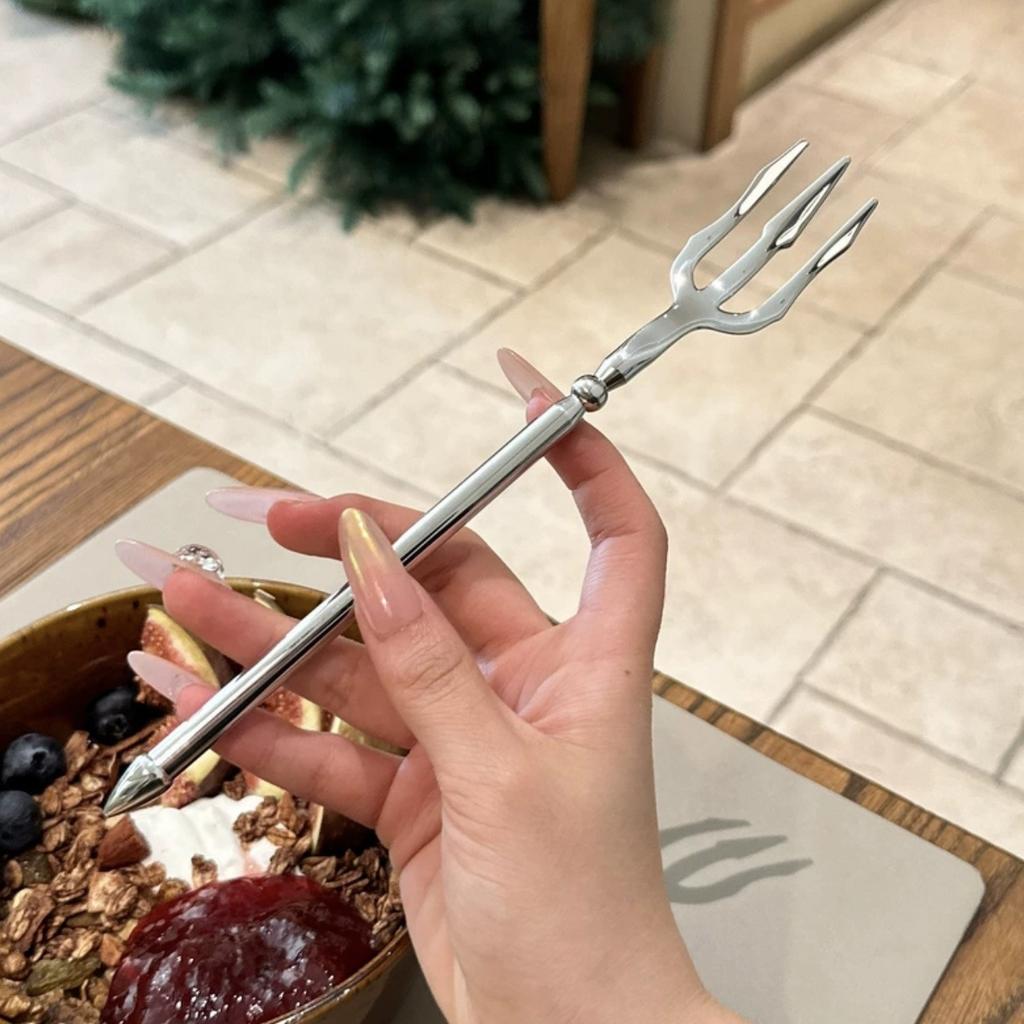 1pc Heavy-Duty Stainless Steel Trident Fork - Long Handle with Glossy Finish & Trident Tip (3-Prong) for Dinner, Salad, Dessert