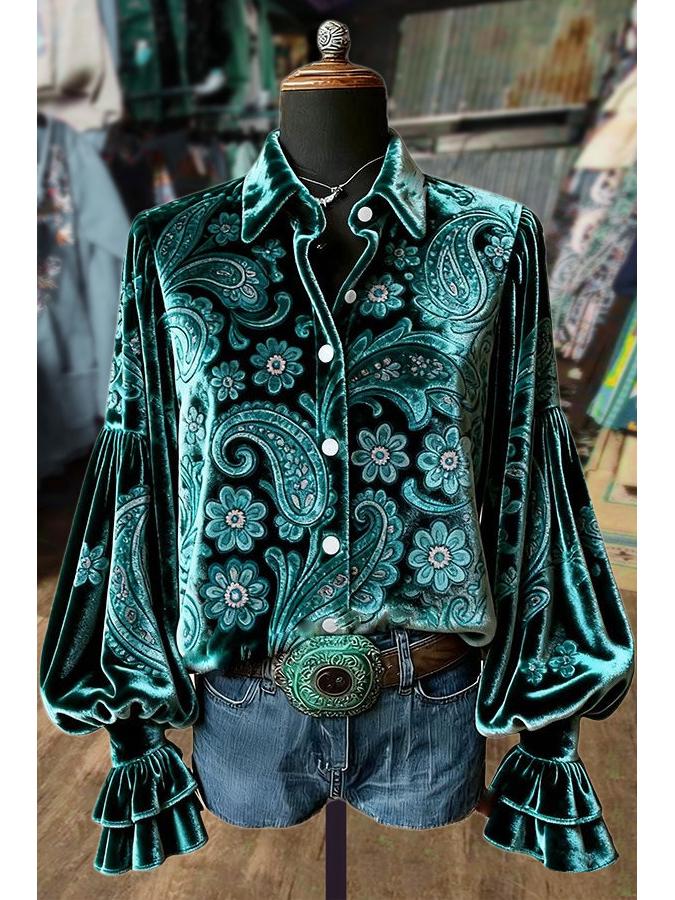 3D Pattern Fashionable Women's Long Sleeve Lapel Shirt with Pockets
