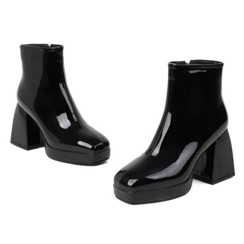 Damen Chunky Heel Quadratische Spitze Kunstleder Stiefeletten Mit Seitenreißverschluss Wasserdichte Plateau Herbst Winter Mode