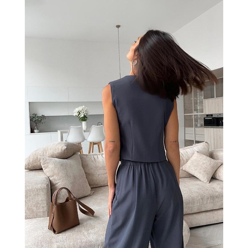 Women's V-Neck Sleeveless Vest Vest Draped Wide Leg Western Pants Casual Suit