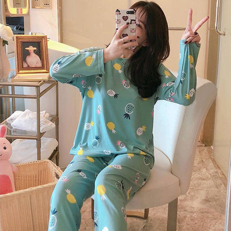 Women's Korean Smiley Face Cartoon Pajamas Set – Long-Sleeved Pullover & Trousers for Autumn/Winter