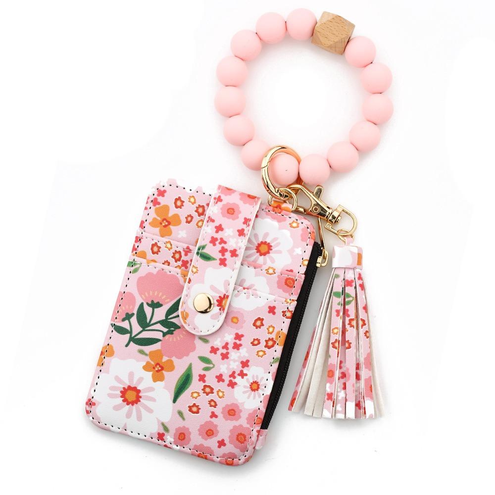 Pu Leather Silicone Bead Bracelet Keychain Boho Style Leather Card Bag Keychain  Fashion Wear