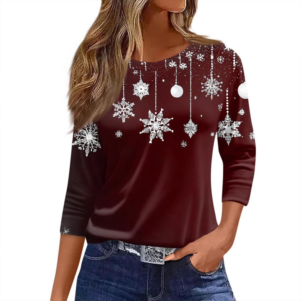 Damen T-Shirt mit Weihnachtsdruck, 3/4-Ärmel, für den Alltag, Wochenendmode, Basic, Rundhalsausschnitt, normales Oberteil