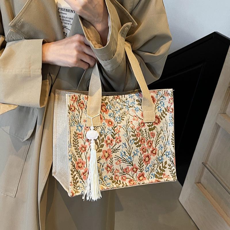 Geantă Florală de Mare Capacitate pentru Femei Geantă Nouă de Depozitare pentru Femei Ins La Modă și Versatilă Geantă de Mână de Pânză cu Un Umăr pentru Femei