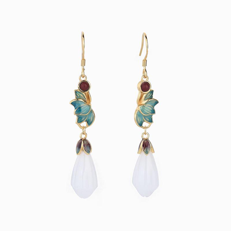 Cloisonné Magnolia Earrings with Gold-Plated Copper and Imitation Hetian Jade in Retro Court Style