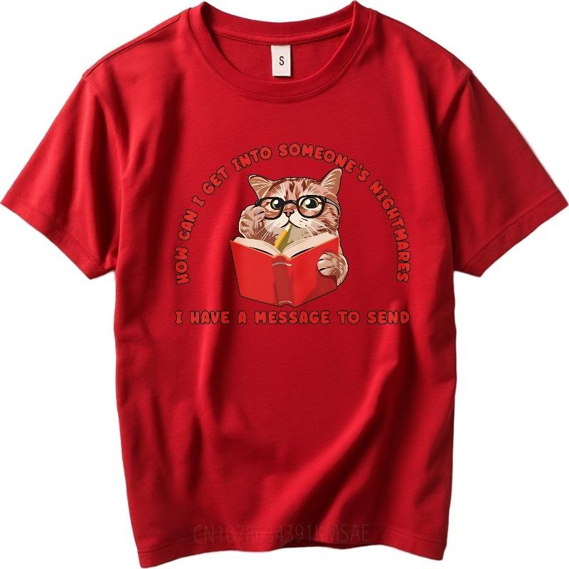 Brand Summer For Her Tshirt Cat Reading Book With Glasses And Text Short Sleeve Street Wear Round Neck Tshirt Male Teeshirt