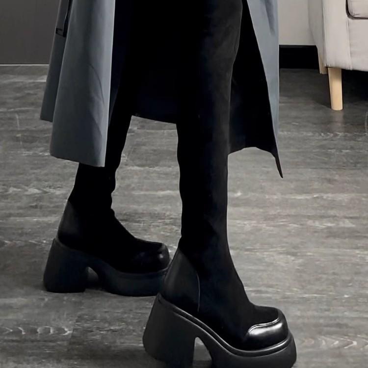 Knight Boots 2025 Autumn and Winter New Versatile Boots Women's Elastic Boots Knee Boots Women's Platform High Heels Women's Shoes