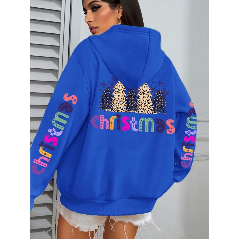 Merry Christmas Leopard Trees Printing Hoodie Women Hip Hop All-Match Streetwear Casual Loose Hoodies Autumn Woman Hoody