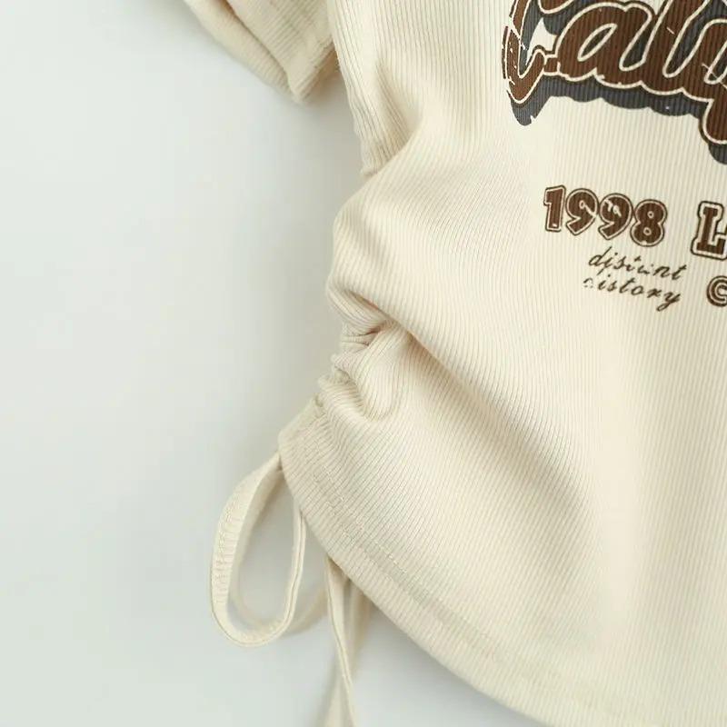 Kordelzug Y2k T Shirt Frauen Brief Crop Top Americal Retro Kurzarm T-stücke Koreanische Grafik Schlank Sommer T-shirts 2000s kleidung