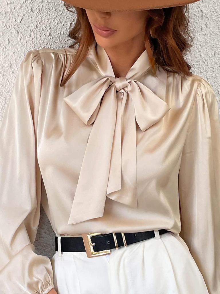 Women's Long Sleeve Satin High Neck Bow Top