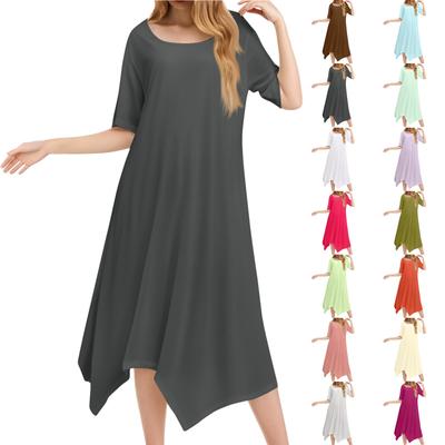 Damen Casual Fashion Rundhals Kurzarm Solid Unregelmäßiger Saum Midikleid