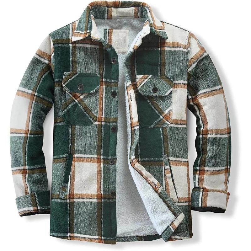 Men's Jacket Fleece Long-sleeved Lapel Plaid Shirt Men's Cotton Jacket